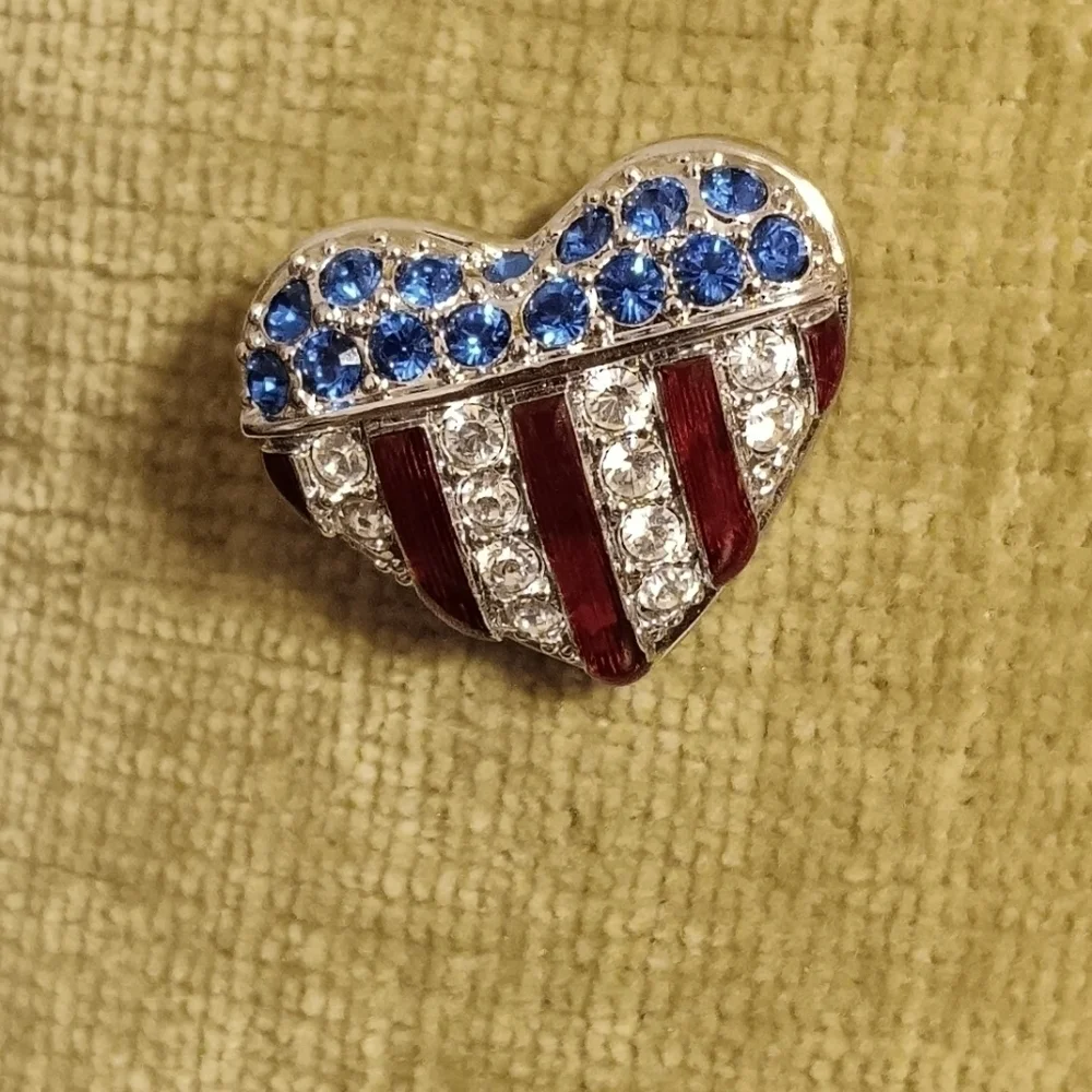 Swarovski Crystal Patriotic American Flag Puffy Heart Brooch